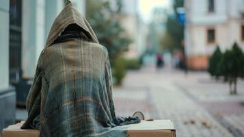 A person sits on a cardboard box face hidden from the camera by a tattered blanket dd over head. The makeshift shelter . photo