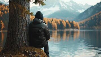 A figure leans against a tree trunk gazing out at a serene lake and distant mountains. back to the camera they seem to be completely . photo