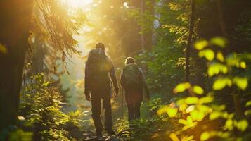 A pair of hikers trek up a steep mountain trail backs to the camera as they navigate way through the dense forest. The . photo