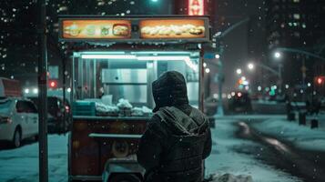 A lone figure bundled up in a thick coat and scarf stands in front of a food cart with back to the camera. They seem lost in . photo