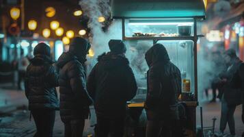A group of locals gathers around a hidden food cart in the late hours of the night backs turned to the camera as they eagerly . photo