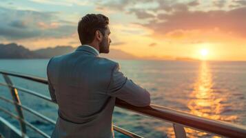 A man in a sharp suit leans against the railing attention focused on the breathtaking view in front of him. The calm waters and . photo