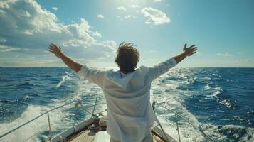A man stands at the front of the yacht arms outstretched as takes in the breathtaking view of the sea. The wind is blowing . photo