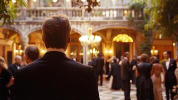 A man in a tailored tuxedo gazes out into the bustling courtyard of a gl mansion flanked by equally elegant guests at a high society . photo
