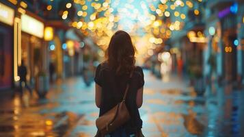 A woman stands in the midst of the luxurious shopping district facing away from the camera as takes a moment to soak in the vibrant . photo