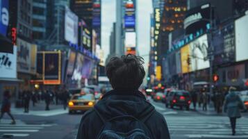 A lone figure looks out at the bustling city from the corner of a busy intersection back to the camera. expression is . photo