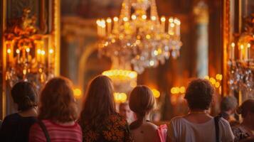 A group of guests stand in front of a magnificent chandelier backs turned to the camera as they take in the splendor of the . photo