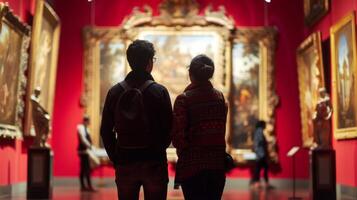 Two figures stand by a stunning art display faces out of view as they admire the intricacies of the gilded frame and ornate . photo
