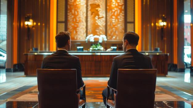 Two men dressed in sharp suits sit side by side backs facing the lavish reception desk as they make plans for next adventure. . photo