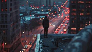 A lone figure stands on the rooftop lost in thought as they take in the view of the bustling city below. The cars below serve as a . photo