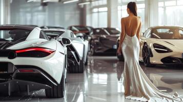 A woman in a flowing floorlength gown stands with back to the camera hand resting on a tastefully designed sports car. . photo
