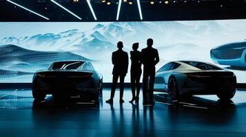 Four figures stand in front of a display featuring the latest in luxury vehicle technology silhouettes melding with the sleek . photo