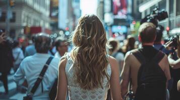 A woman walks down a bustling city street surrounded by paparazzi and flashing cameras. looks over shoulder revealing a glimpse . photo