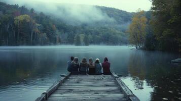 A group of friends sit on a wooden dock backs turned to the camera as they watch the mist slowly rise over the calm lake in front . photo