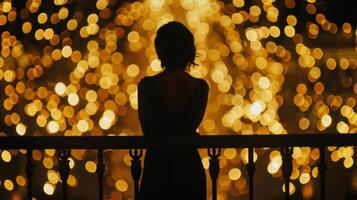 A lone figure stands at the balcony lost in thought as they gaze out into the night. silhouette is outlined against a backdrop . photo