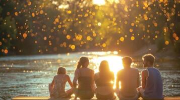 A group of friends sit on a dock facing away from the camera and towards a sparkling river filled with golden reflections. They chat . photo