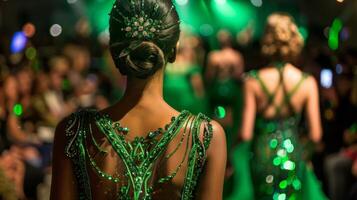 As models walk the runway the excited attendees at Emerald Enchantment turn away from the camera to fully appreciate the intricate . photo