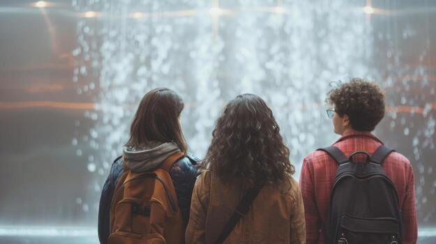 Three individuals each with a different expression on face stand together facing the silver display unaware of the camera capturing . photo
