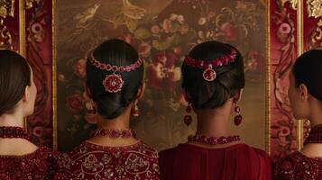 Against a backdrop of rich burgundy ds and ornate gold accents three figures stand with backs to the camera admiring a stunning . photo