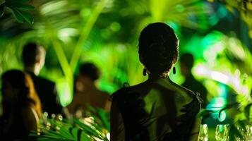 Surrounding by lush greenery the eventgoers at Emerald Enchantment are captivated by the ethereal allure of the emerald accessories . photo