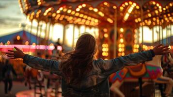 A lone figure stands in front of the carousel arms outstretched and hair blowing in the wind as they soak in the joy and excitement . photo