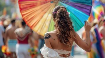 A woman in a flowy white s twirling a rainbowcolored parasol as walks away towards a lively parade passing by in the background. . photo
