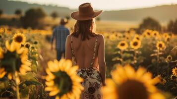 A woman in a flowy s back to the camera chatting with a man in a cowboy hat as they walk through a field of sunflowers. . photo