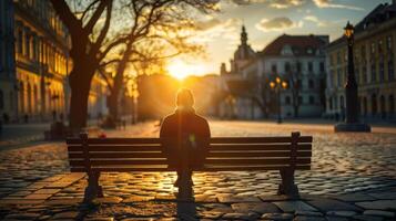 A lone figure sits on a bench facing away from the camera as they soak in the tranquil atmosphere of the quiet square. The sun sets . photo