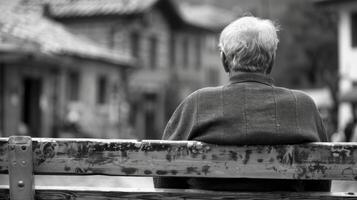 An elderly man sits on a bench in the village square back facing the camera as watches the world go by. weathered face . photo