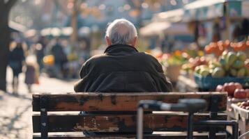 A lone elderly man sits on a wooden bench back towards the camera deep in thought as gazes at the busy market. wrinkled . photo