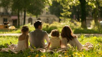 A family of four faces hidden from view sits on a blanket in the market square enjoying a picnic lunch. The children play in . photo