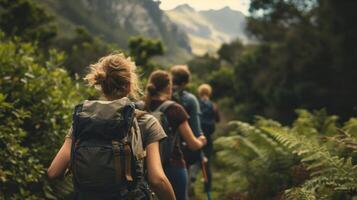 A group of hikers traverses through a lush forest backs to the camera as they make way towards the towering mountain in . photo