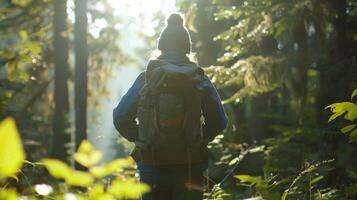 Through the dappled sunlight we see a lone hiker standing with back to the camera taking a moment to rest and appreciate the . photo