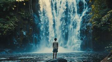 A man stands at the base of a towering waterfall back to the camera as gazes up at the cascading water and the surrounding . photo