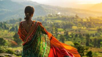 A person stands with back towards the camera hands clasped behind them as they gaze out at the sprawling countryside. The vibrant . photo