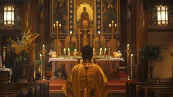 un figura en tradicional batas soportes cerca el altar espalda a el cámara. el amable sonido de cantando llena el aire como ellos realizar . foto