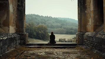 Against the backdrop of a tranquil rural landscape a person sits on the steps of a charming chapel back to the camera. . photo