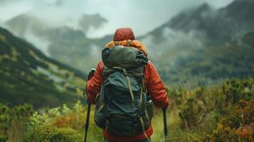 A solo hiker stands facing away from the camera backpack and trekking poles in hand as they conquer a challenging path through the . photo