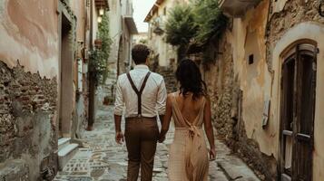 A couple walks arm in arm backs to the camera down a winding path lined with ancient buildings. The womans flowy dress and the . photo