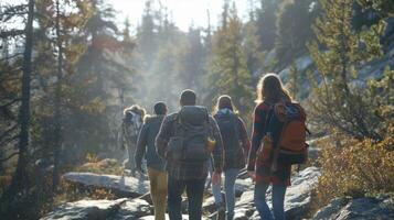 A group of friends backs to the camera walk along a rocky trail through the wilderness laughing and chatting as they soak in . photo