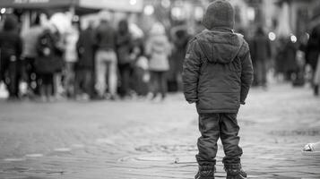 A young boy stands on tiptoes trying to get a glimpse of the event happening in the square back to the camera as strains . photo