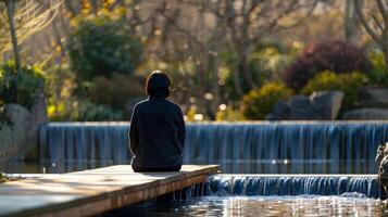 A person sits alone on a wooden bench gazing at a tranquil water feature and turning back to the outside world in quiet . photo