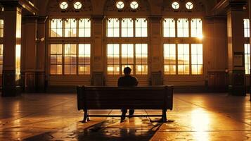 A lone figure sits on a bench back to the camera as they take in the sights and sounds of the timeless train station lost in . photo