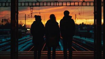 Three silhouettes stand in perfect silhouette against the fading light each facing away from the camera. postures convey a mixture . photo