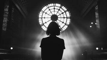 un mujer soportes solo en el plataforma espalda a el cámara como miradas arriba a el imponente reloj torre de el estación. postura . foto