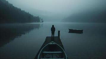 Standing on the edge of a dark murky lake a person gazes out towards a small island in the distance. back is to the camera revealing . photo