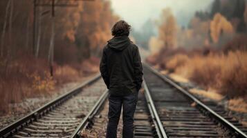A man stands with back to the camera hands in pockets as stares down the tracks. The muted colors and windblown hair . photo