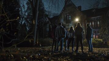 A group of adults stand in a huddle backs facing the camera as they survey the ominous mansion ahead. One man can be seen holding . photo