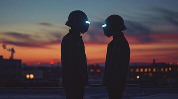 Two figures stand back to back on a rooftop identities hidden behind reflective visors. They seem to be in deep conversation . photo