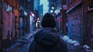 A lone figure stands in the center of the alleyway face obscured by a black beanie and a hoodie pulled up over head. They . photo